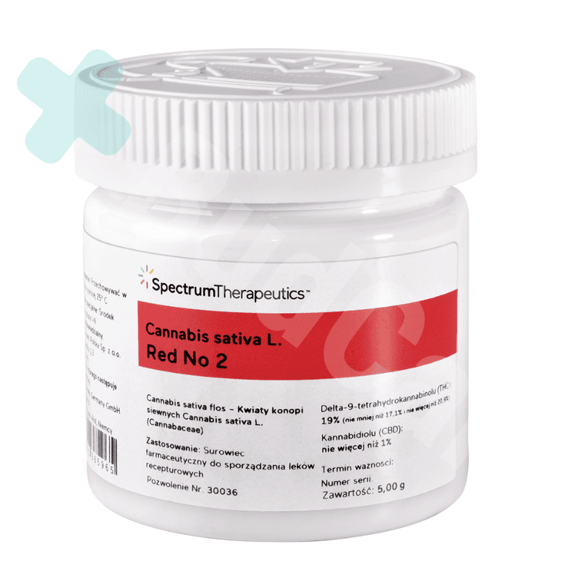 Opakowanie medycznej marihuany, Red no 2 od Spectrum THC 19%, Białe opakowanie z zakrętką o pojemności 5g Lemon Skun