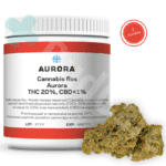Opakowanie medycznej marihuany, Aurora 20 THC Pink Kush, Białe opakowanie z zakrętką o pojemności 10g z topkami z kanady