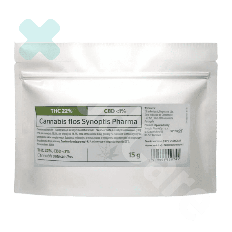 Opakowanie medycznej marihuany, Synoptis Pharma odmiana THC 22%, biały doypack, podłużny, z zielono-białą etykietą i napisałem Synoptis Pharma