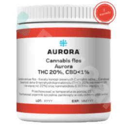 Opakowanie medycznej marihuany, Aurora 20 THC Pink Kush, Białe opakowanie z zakrętką o pojemności 10g z kanady