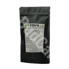 Opakowanie medycznej marihuany, 22% THC, FOUR 20 PHARMA, Odmiana Gorilla Glue #4, Czarny daypack, podłużny, z biała etykietą na środku