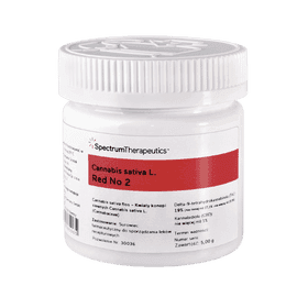 Opakowanie medycznej marihuany, Red no 2 od Spectrum THC 19%, Białe opakowanie z zakrętką o pojemności 5g Lemon Skunk