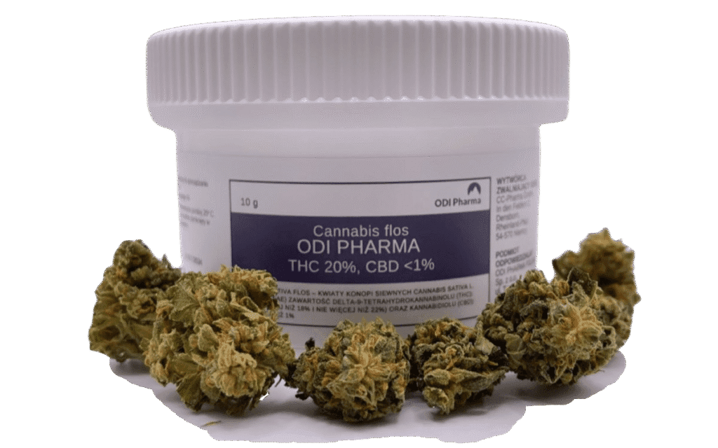 Biały słoik plastikowy z etykietą Odi Pharma Cannabis flos