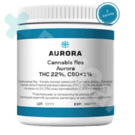 Opakowanie medycznej marihuany, Aurora 22 THC DelaHaze, Białe opakowanie z zakrętką o pojemności 10g z kanady