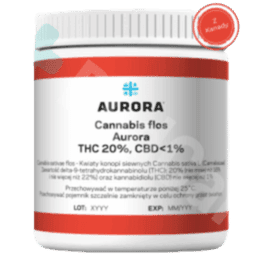 Opakowanie medycznej marihuany, Aurora 20 THC Pink Kush, Białe opakowanie z zakrętką o pojemności 10g z kanady