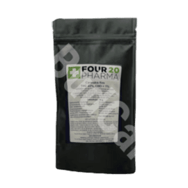 Opakowanie medycznej marihuany, 22% THC, FOUR 20 PHARMA, Odmiana Gorilla Glue #4, Czarny daypack, podłużny, z biała etykietą na środku