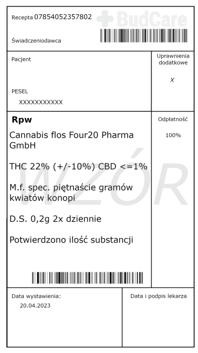 Wzór Recepta Cannabis flos Four20 Pharma Gmbh THC 22% (+/-10%) CBD