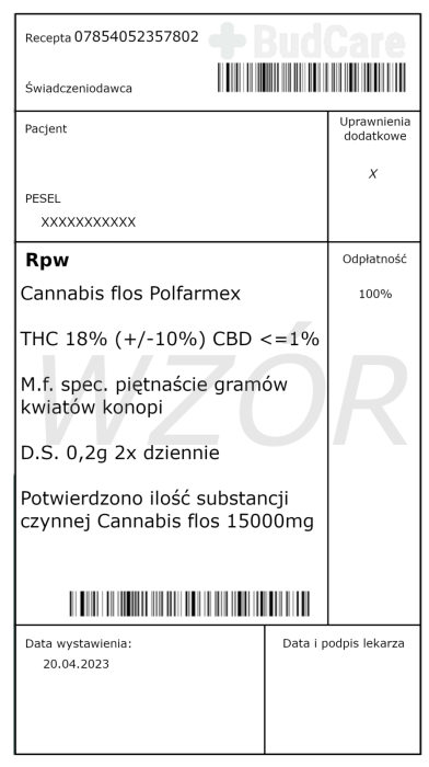 Wzór Recepta Cannabis flos polfarmex THC 18% (+/-10%) CBD