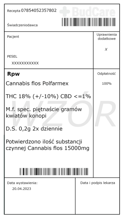 Wzór Recepta Cannabis flos polfarmex THC 18% (+/-10%) CBD