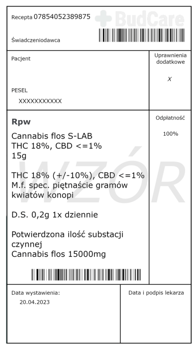 Prawidłowa wzór na medyczną marihuanę S-Lab, zawiera w sobie: Cannabis flos S-Lab THC 18%, CBD 1