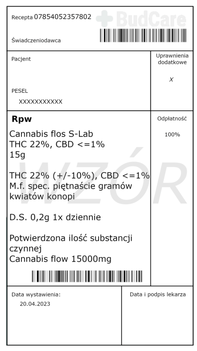 Jest to wzór na medyczną marihuanę S-Lab, zawiera w sobie: Cannabis flos S-Lab THC 22%, CBD 1