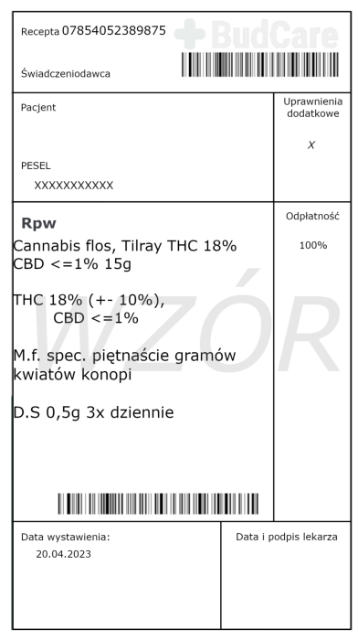Jest to wzór recepty na medyczną marihuanę Tilray, zawiera w sobie: Cannabis flos Tilray THC 18%, CBD 1