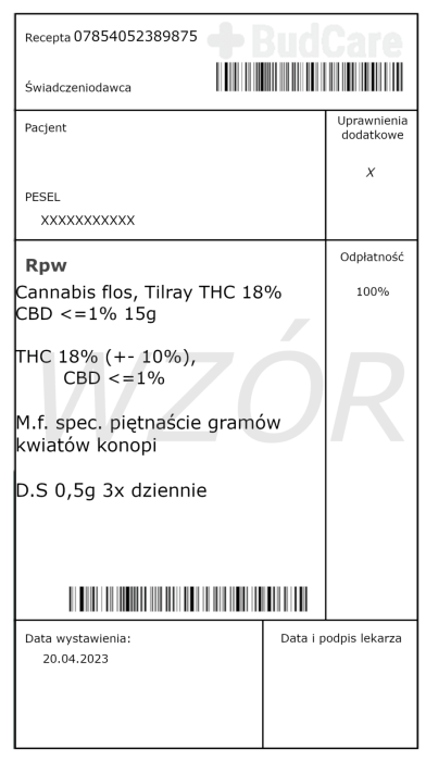 Jest to wzór recepty na medyczną marihuanę Tilray, zawiera w sobie: Cannabis flos Tilray THC 18%, CBD 1