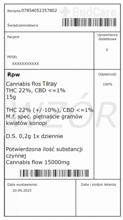 Jest to wzór recepty na medyczną marihuanę Tilray, zawiera w sobie: Cannabis flos Tilray THC 22%, CBD 1%