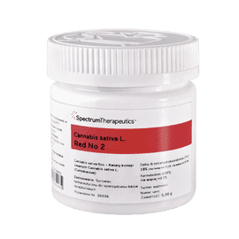 Red no2 opakowanie Opakowanie medycznej marihuany, Red no 2 od Spectrum THC 19%, Białe opakowanie z zakrętką o pojemności 5g Lemon Skunk