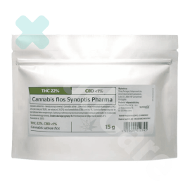 Opakowanie medycznej marihuany, Synoptis Pharma odmiana THC 22%, biały doypack, podłużny, z zielono-białą etykietą i napisałem Synoptis Pharma