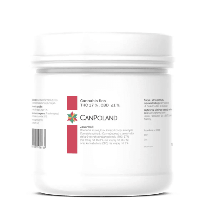 Opakowanie medycznej marihuany, Cannpoland 17% Shiskaberry , Białe opakowanie z zakrętką o pojemności 10g