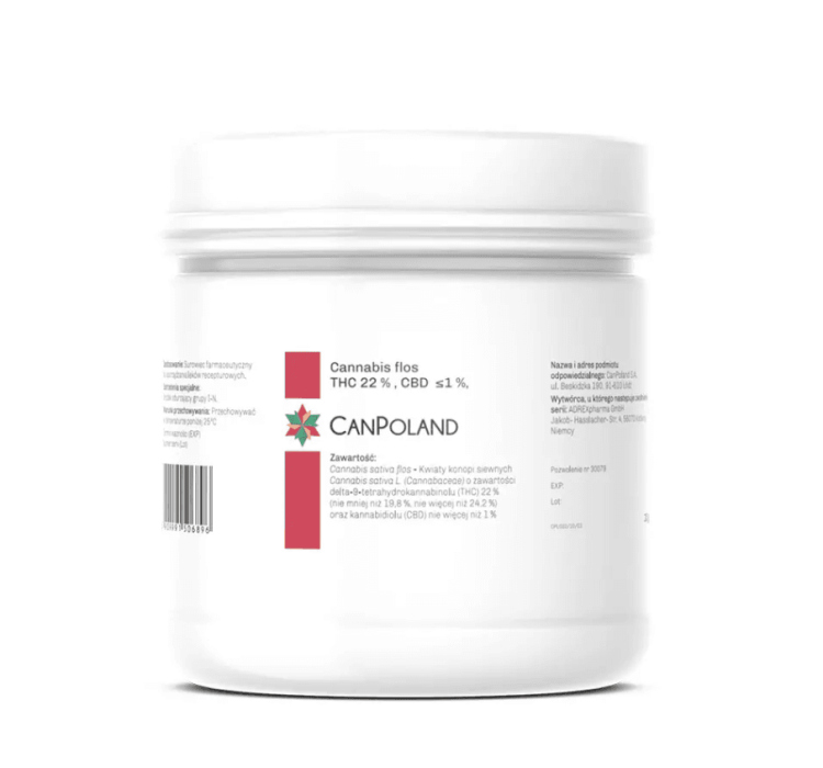 Opakowanie medycznej marihuany, Cannpoland 22% Gorila Glue , Białe opakowanie z zakrętką o pojemności 10g