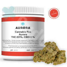 Opakowanie medycznej marihuany, Aurora 20 THC Pink Kush, Białe opakowanie z zakrętką o pojemności 10g z topkami z kanady