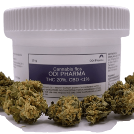 Biały słoik plastikowy z etykietą Odi Pharma Cannabis flos